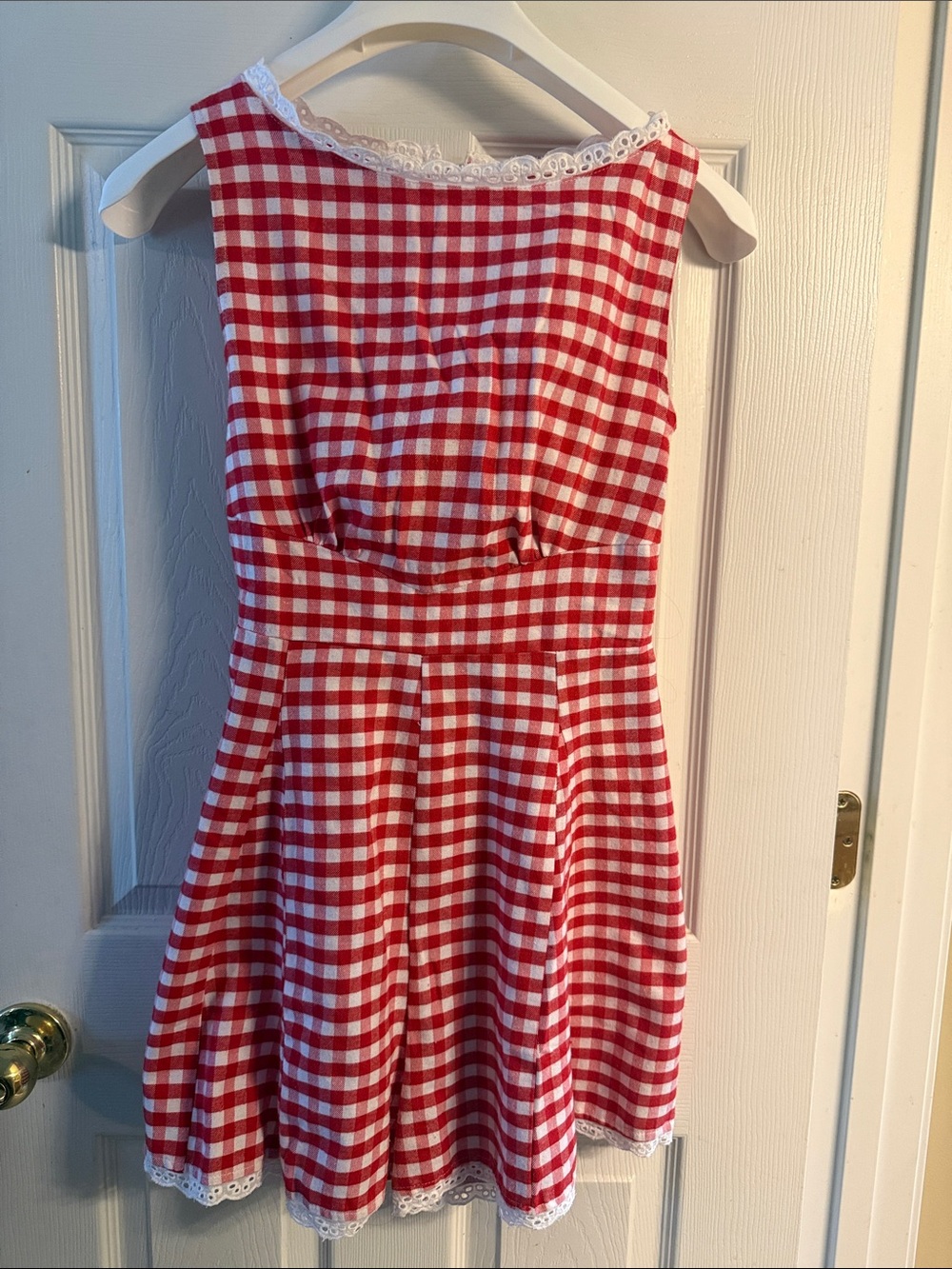 Unique Vintage Red and White Gingham Lace-Trim Romper